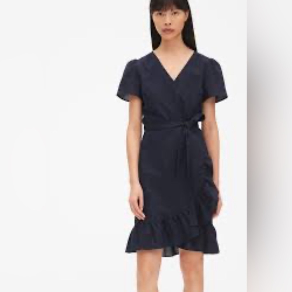 GAP Sz XL Mini Wrap Dress Linen Blend Ruffle Hem Short Sleeve NEW WITH TAG Navy